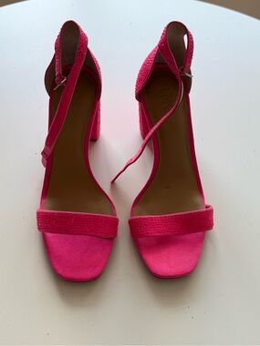 Neon Pink Studded Open-Toe Block Heel Sandals